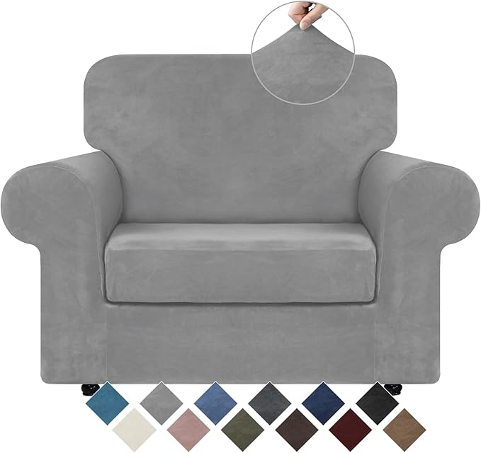 WEERRW Velvet Stretch Chair Sofa Slipcover - 2 Pieces Luxury Soft Velvet Plush Couch Cover Furniture Protector with Elastic Bottom for Pets, Machine Washable, Silver, Small