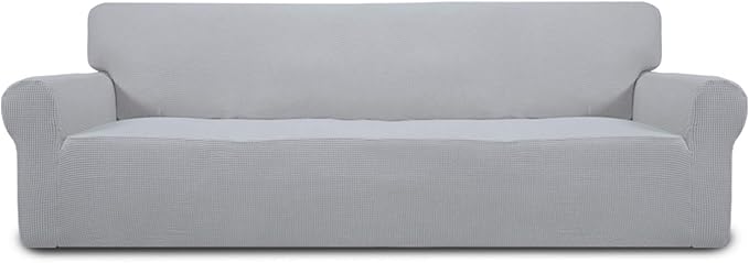 Easy-Going Stretch 4 Seater Sofa Slipcover 1-Piece Sofa Cover Furniture Protector Couch Soft with Elastic Bottom for Kids, Polyester Spandex Jacquard Fabric Small Checks Silver Gray