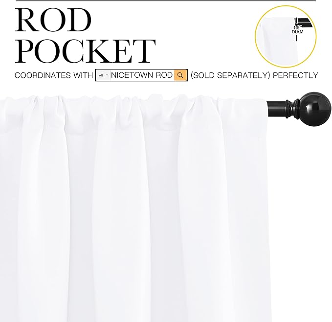 NICETOWN White Curtains 50% Blackout White Curtain Set, Modern Design Solid Rod Pocket Draperies/Drapes for Living Room, Window Dressing for Patio Door (2 Panels, 34 by 72)