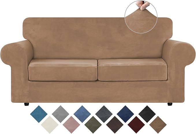 WEERRW Velvet Couch Covers for 2 Cushion Couch Sofa - High Stretch Luxury Velvet Plush 3 Pieces Sofa Slipcovers with Elastic Bottom, Furniture Protector for Pets, Machine Washable, Camel, Medium