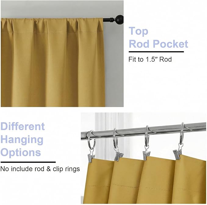 Simplebrand Bright Gold Blackout Curtains for Bedroom 96 Inches Long 2 Panels, Solid Thermal Insulated, Energy Saving Living Room Window Treatment Curtains Blackout Drapes, W50 x L96 Inch, Bright Gold