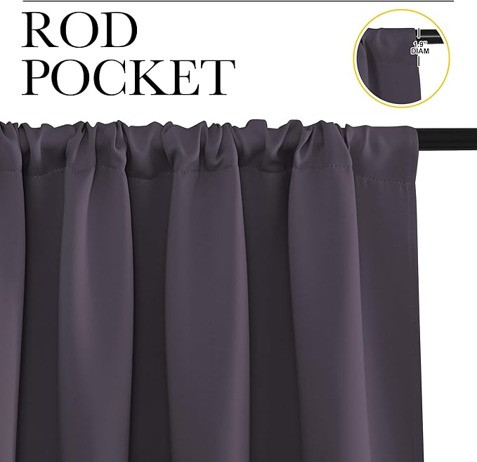 NICETOWN Window Curtains Blackout Drapes, Greyish Purple, 1 Pair, 52 by 72-Inch, Thermal Insulated Solid Rod Pocket Blackout Curtains/Draperies for Living Room