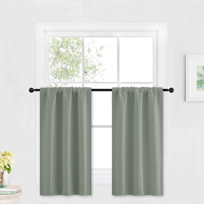 RYB HOME Kitchen Blackout Curtains Over Sink 36 inch Length, Rod Pocket Summer Light UV Blocking Energy Efficient, Cabinet Shelf Cupboard Coverings, Width 29 by Length 36, Greyish Green, 2 Panels