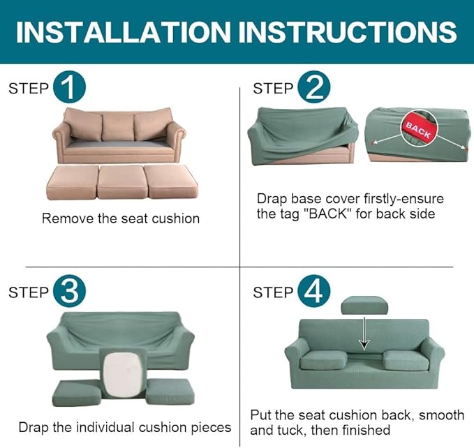 Turquoize 4 Piece Sofa Covers for 3 Cushion Couch Sofa Slipcover Soft Couch Cover for Dogs Washable Furniture Cover with 3 Individual Large Cushion Covers Feature Fabric (Large Sofa, Dark Cyan)