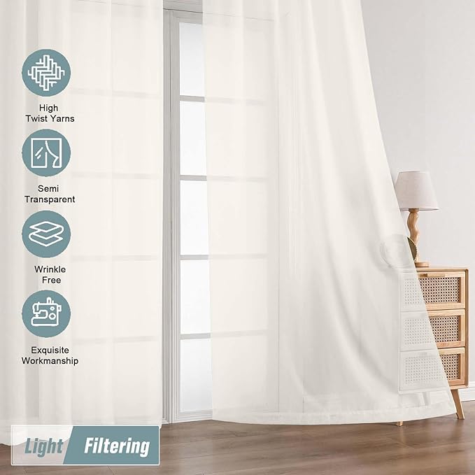 Ivory Sheer Curtains 90 Inches Long 2 Panels, Light Filtering Solid Sheer Curtains for Bedroom Living Room, Lightweight Soft Airy Window Voile Sheer Drapes, Dual Rod Pocket, 2x42Wx90L Inches