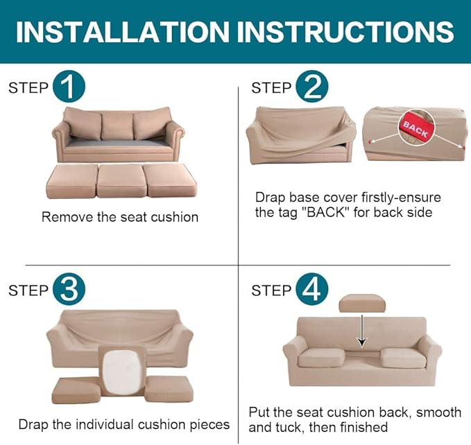 Turquoize 4 Piece Sofa Covers for 3 Cushion Couch Sofa Slipcover Soft Couch Cover for Dogs Washable Furniture Cover with 3 Individual Large Cushion Covers Feature Fabric (Large Sofa, Sand)