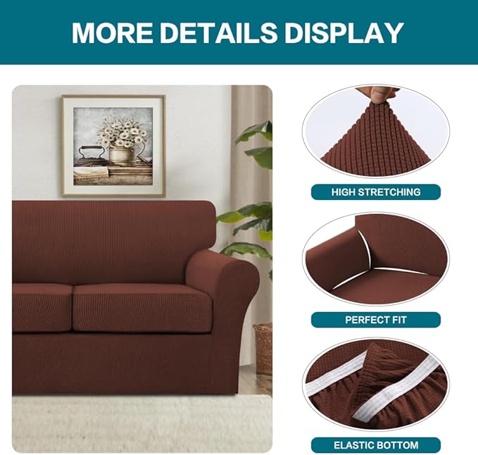 Turquoize 3 Piece Sofa Covers for 2 Cushion Couch Sofa Slipcover Soft Couch Cover for Dogs-Washable Sofa Furniture Cover with 2 Individual Cushion Covers, Feature Fabric (2 Cushion Sofa, Burnt Brick)