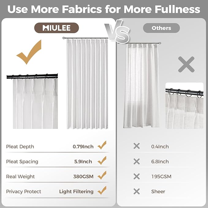 MIULEE Pinch Pleated White Thick Linen Curtains 102 Inches Long 2 Panels, Linen Texture Drapes for Living Room Bedroom, Pinch Pleat Memory Trained Back Tab Light Filtering Window Curtains with Hooks