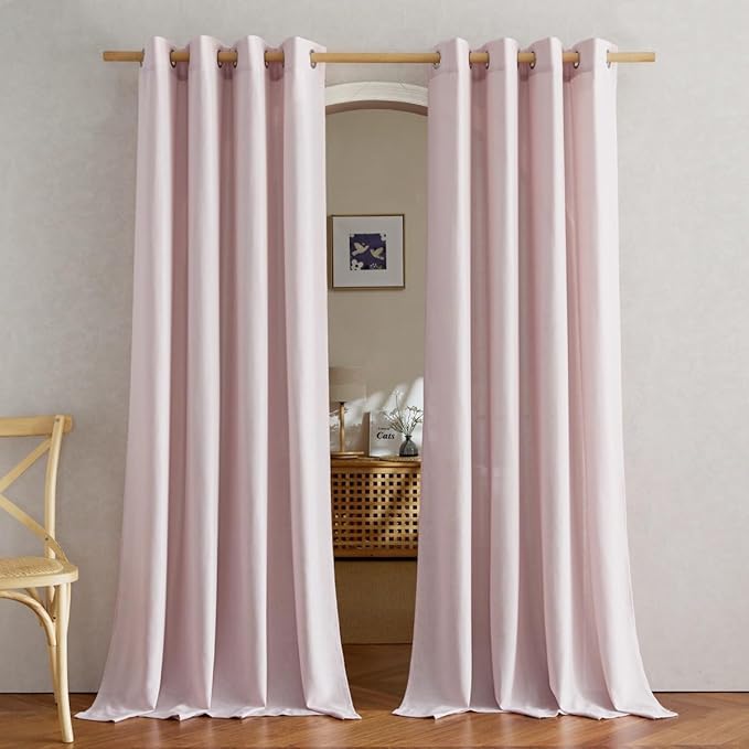 NICETOWN Blush Pink Linen Curtains for Kitchen, Thick Flax Small Window Treatments Semi Sheer Privacy Assured with Light Through for Cafe/Bathroom, W55 x L92, 2 Panels