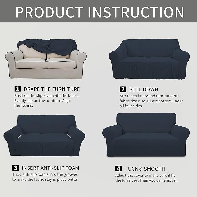 Easy-Going Stretch Loveseat Slipcover 1-Piece Sofa Cover Furniture Protector Couch Soft with Elastic Bottom for Kids Polyester Spandex Jacquard Fabric Small Checks (Loveseat, Dark Blue)