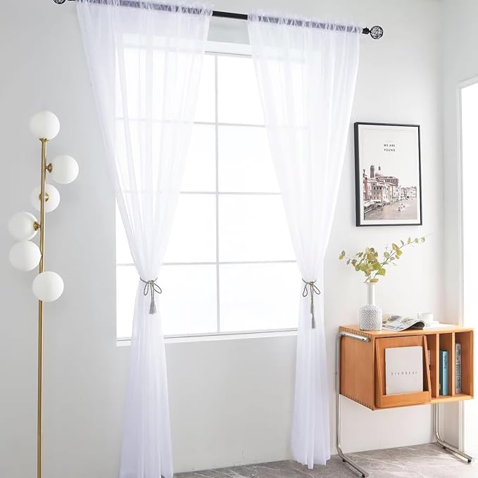 SpaceDresser Optical White Sheer Curtains 4 Panels Rod Pocket Semi-Sheer Curtain 90 Inches Long Light Filtering Voile Window Drapes for Bedroom Living Room Kitchen, Each 52W x 90L