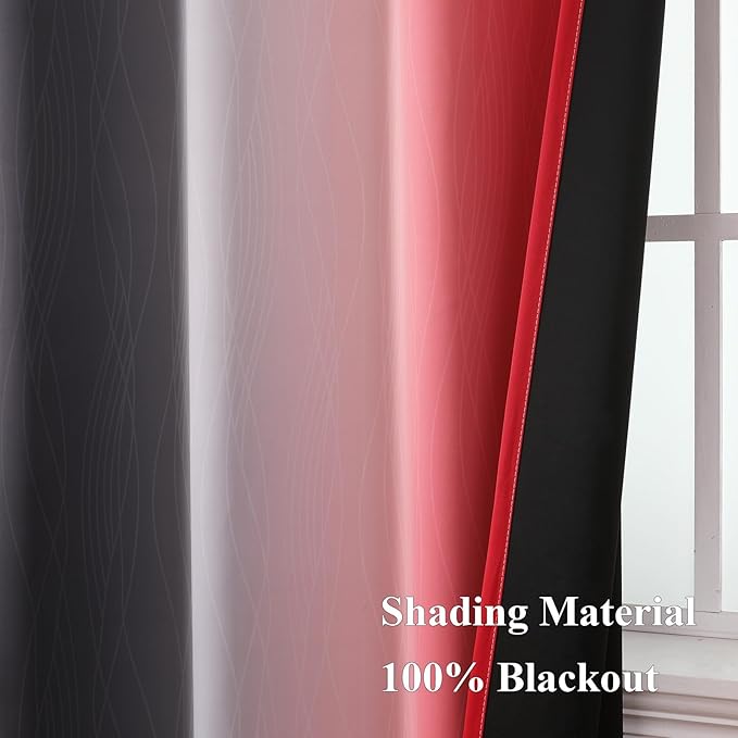 Estelar Textiler Ombre Red and Black Curtains 72 Inch Length 2 panels, Complete Blackout Curtains for Bedroom, Full Room Darkening Grommet Thermal Insulated Gradient Drapes for Living Room, 52x72 Inch
