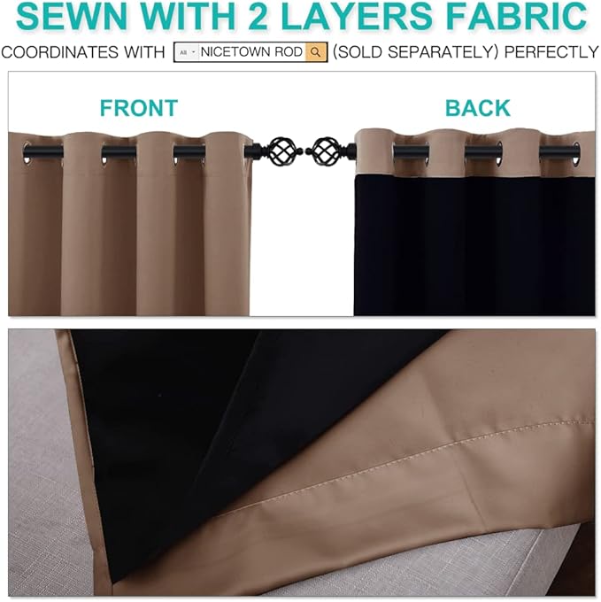 NICETOWN Warm Curtains for Winter, Complete Blackout Shades for Large Window Door, 100% Blackout Curtain Panels with Black Lined, 70 inches Width Each Panel, 95 inches Length, Cappuccino, 2 Pieces