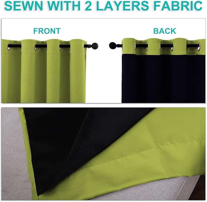 NICETOWN Full Shading Curtains for Windows, Fresh Green, Pack of 2, 70 inches W x 95 inches L, Super Heavy-Duty Black Lined Blackout Curtains for Bedroom, Privacy Assured Window Treatment