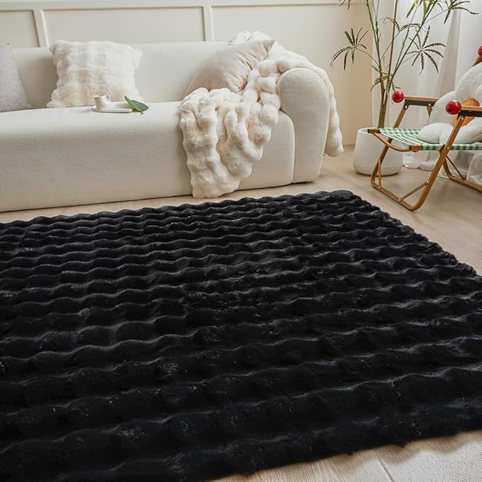 Black Rabbit Plush Rug 5'x8', Fluffy Faux Fur Shaggy Area Rug for Nursery, Kids Room Decor, Soft Fuzzy Carpet for Living Room, Bedroom, Teen Girls Room
