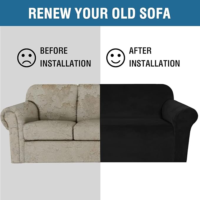 H.VERSAILTEX Stretch Velvet Sofa Covers for 3 Cushion Couch Covers Furniture Protector Soft with Non Slip Elastic Bottom, Crafted from Thick Comfy Rich Velour (Large Sofa 90"-97", Black)