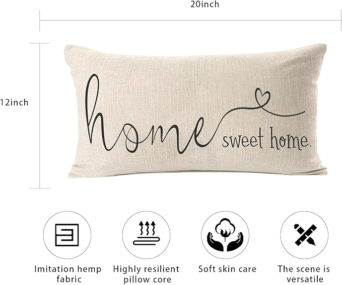 MFGNEH Home Sweet Home Quotes Farmhouse Pillow Covers 12x20 Inch,Farmhouse Decorative Lumbar Throw Pillow Case Cushion Cover,Housewarming Gift