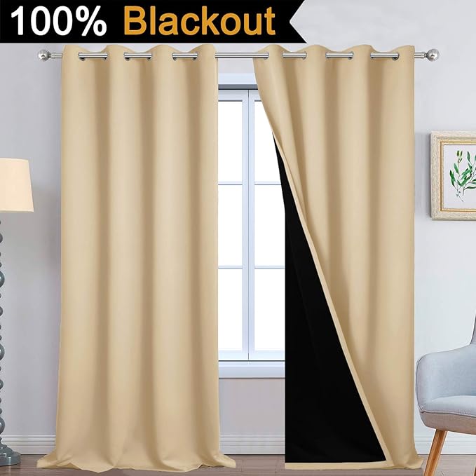 Yakamok 108 Inches Long Thermal Insulated 100% Blackout Curtains for Bedroom with Black Liner, Double Layer Full Room Darkening Noise Reducing Grommet Drapes for Living Room(52Wx108L, Beige, 2 Panels)