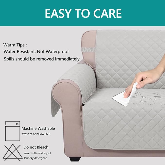 U-NICE HOME Recliner Chair Covers Reversible Quilted Water Repellent Pet Protectors with Elastic Straps (23''Recliner Small, Light Grey/Light Grey)
