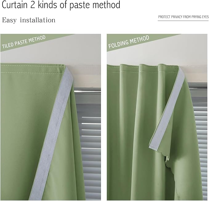 Magic Tape Blackout Curtains for Bedroom No Drillng Self Adhesive Curtains No Rod Small Window, 35" W X 79" L, Sage Green, 1 Panel