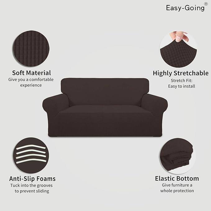 Easy-Going Stretch Oversized Loveseat Slipcover 1-Piece Sofa Cover Furniture Protector Couch Soft with Elastic Bottom for Kids Polyester Spandex Jacquard Fabric Small Checks Chocolate