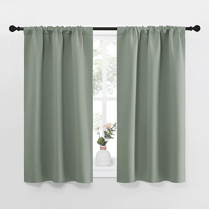 NICETOWN Window Curtains Blackout Drapes - Thermal Insulated Solid Rod Pocket Blackout Curtains/Draperies for Living Room (Greyish Green, One Pair, 34 by 45-Inch)