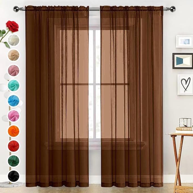 SpaceDresser Sheer Voile Window Treatment Rod Pocket Curtain Panels for Kitchen Bedroom Living Room Drapes Sunlight Filtering Privacy Semi Home Decor Assorted (Brown, 52 W x 96 L)