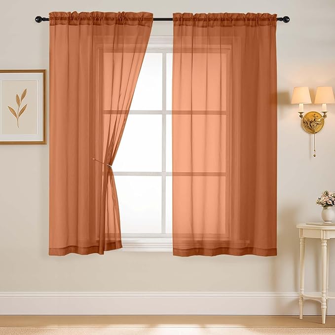Orange Sheer Curtains 63 Inch Length 2 Panels, Voile Sheer Curtain for Living Room, Breathable Light Filtering Modern Window Treatments, Soft Fabric Dual Rod Pocket Drapes, 2x42Wx63L Inches