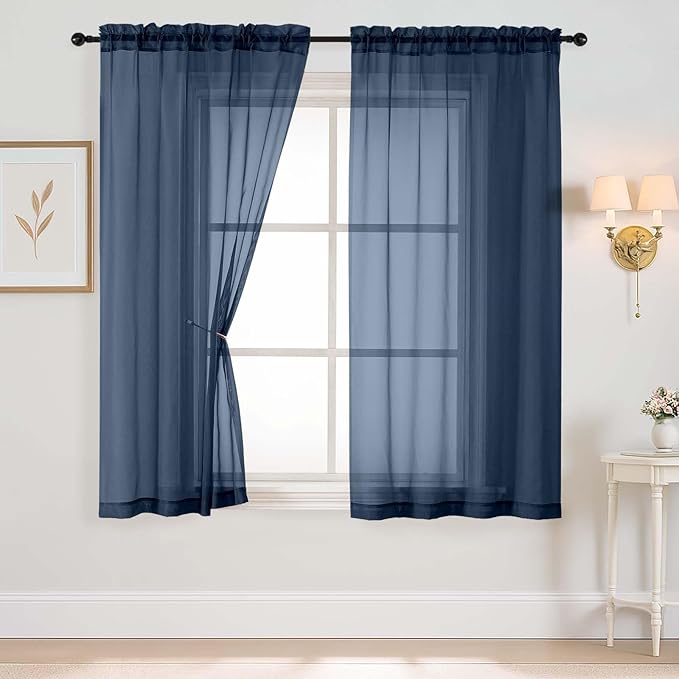 Navy Blue Sheer Curtains 63 Inch Length 2 Panels, Voile Sheer Curtain for Living Room, Breathable Light Filtering Modern Window Treatments, Soft Fabric Dual Rod Pocket Drapes, 2x42Wx63L Inches