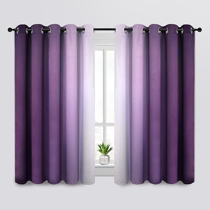 SimpleHome Ombre Room Darkening Curtains for Bedroom, Gradient Purple to Grey White Light Blocking Thermal Insulated Grommet Window Curtains/Drapes for Living Room,2 Panels, 62x63 inches Length