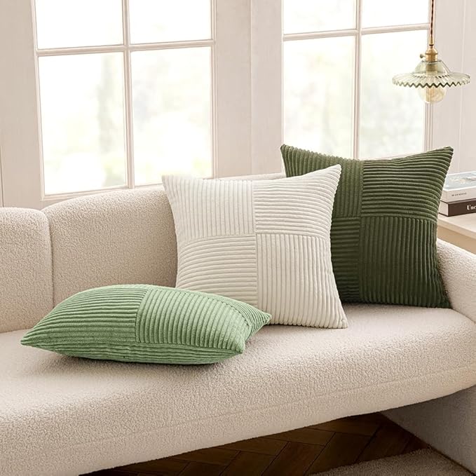MIULEE Olive Green Decorative Euro Sham Pillow Covers 24x24 Inch for Bed Couch Sofa Spring Decor Pack of 2 Boho Farmhouse Throw Pillows Soft Cross Corduroy Patchwork Textured Cushion Cases