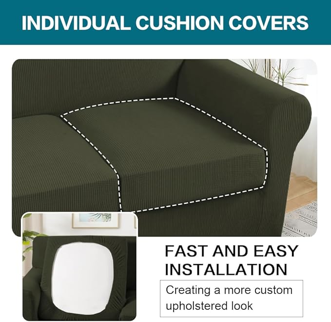 Turquoize 3 Piece Sofa Covers for 2 Cushion Couch Sofa Slipcover Soft Couch Cover for Dogs-Washable Sofa Furniture Cover with 2 Individual Cushion Covers, Feature Fabric (2 Cushion Sofa, Olive)