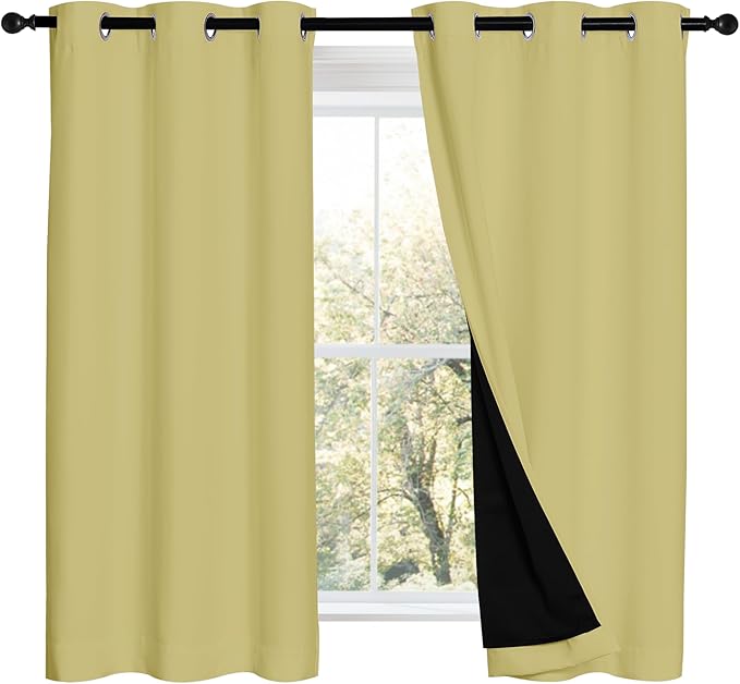 NICETOWN Paler Yellow 100% Blackout Curtains 2 Panels with Black Liners, Thermal Insulated Full Blackout 2-Layer Lined Drapes, Noise Cancellation Window Draperies for Dining Room (42" W by 54" L)