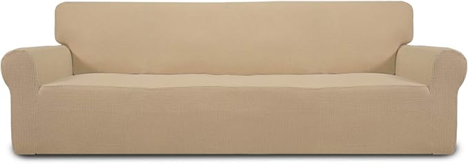 Easy-Going Stretch 4 Seater Sofa Slipcover 1-Piece Sofa Cover Furniture Protector Couch Soft with Elastic Bottom for Kids, Polyester Spandex Jacquard Fabric Small Checks Sand