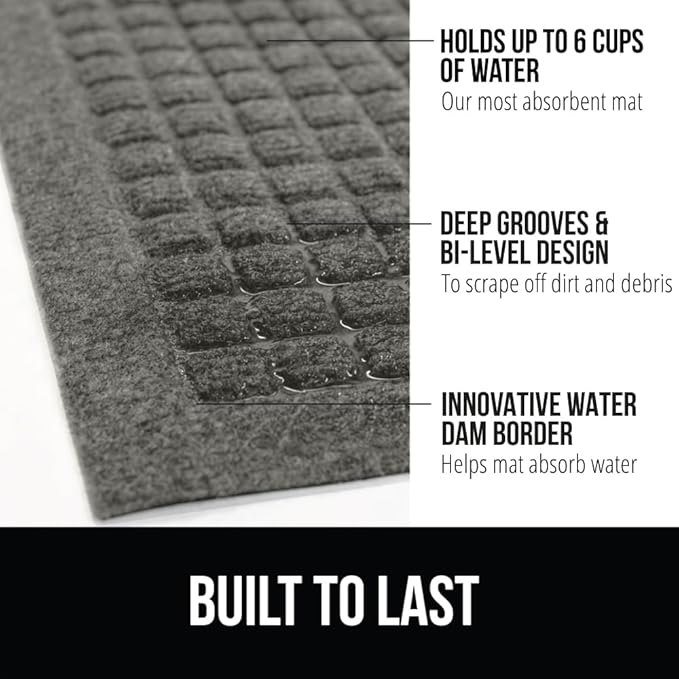 GORILLA GRIP® Ultra Absorbent Front Door Mat Outside Entrance, 47x35, Traps Dirt and Moisture, HydroABSORB Indoor Outdoor Doormat Holds Up to 6 Cups Water, Stain and Fade Resistant Welcome Mat, Grey