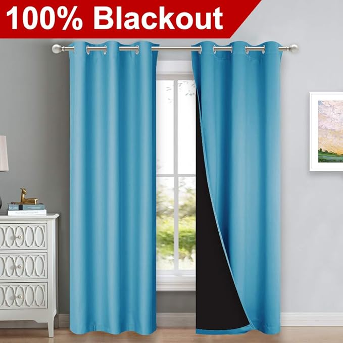 NICETOWN Teal Blue Full Shade Curtain Panels, 37" Wide x 80" Long, Teal Blue, Pair of Thermal Insulated & Energy Efficiency Blackout Drapes for Living Room, Lined Silky Performance Window Dressing