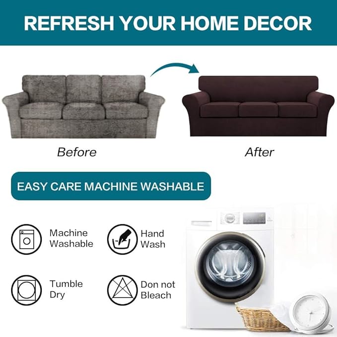 Turquoize 4 Piece Sofa Covers for 3 Cushion Couch Sofa Slipcover Soft Couch Cover for Dogs-Washable Sofa Furniture Covers with 3 Individual Large Cushion Covers Jacquard Fabric (XL Sofa, Brown)