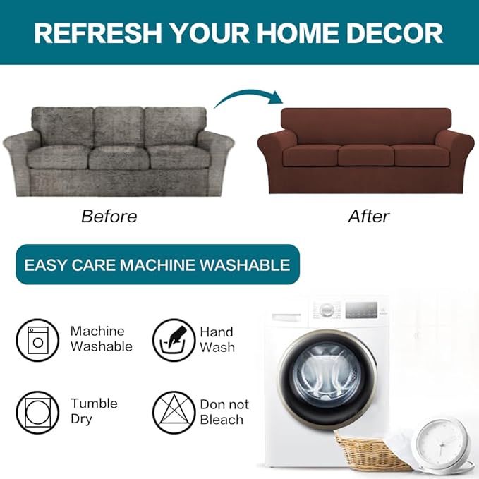 Turquoize 4 Piece Sofa Covers for 3 Cushion Couch Sofa Slipcover Soft Couch Cover for Dogs-Washable Sofa Furniture Cover with 3 Individual Cushion Covers (3 Cushion Sofa, Burnt Brick)