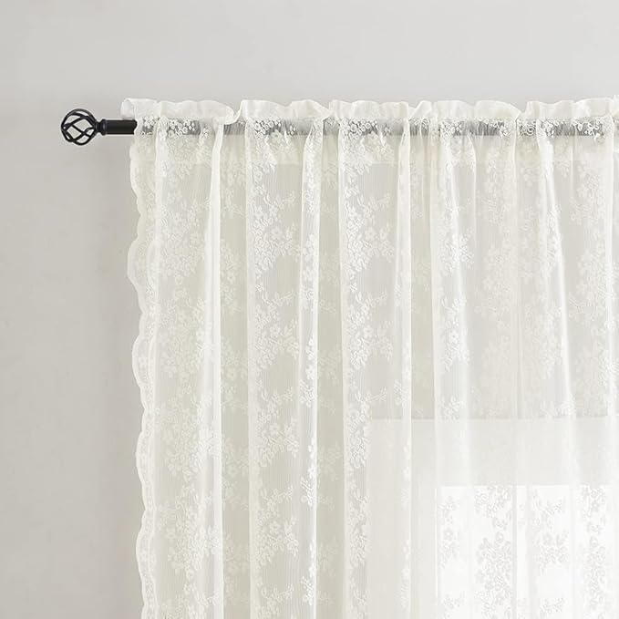 YJ YANJUN Vintage Lace Curtains 80 Inch Length Victorian Floral Cream Sheer Curtain Panels for Living Room 2 Panels Privacy Room Divider for Room Separation Country Farmhouse Decor Off White/Ivory
