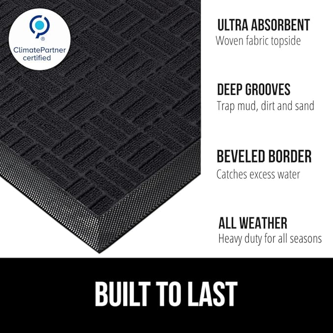 GORILLA GRIP 100% Waterproof All-Season WeatherMAX Doormat 35x23, US Designed Natural Rubber, Stain and Fade Resistant, Low Profile Indoor Outdoor Door Mats, Easy Clean Patio Mat, Black Maze