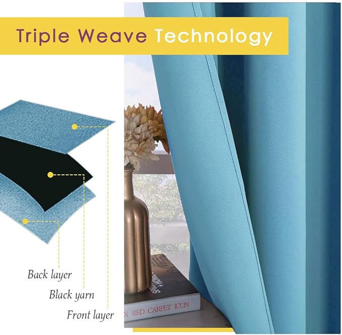 NICETOWN Bedroom Curtains Blackout Drapery Panels, 2 Panels, 70 x 108 inches, Teal Blue, Three Pass Microfiber Thermal Insulated Solid Ring Top Blackout Window Curtains/Drapes