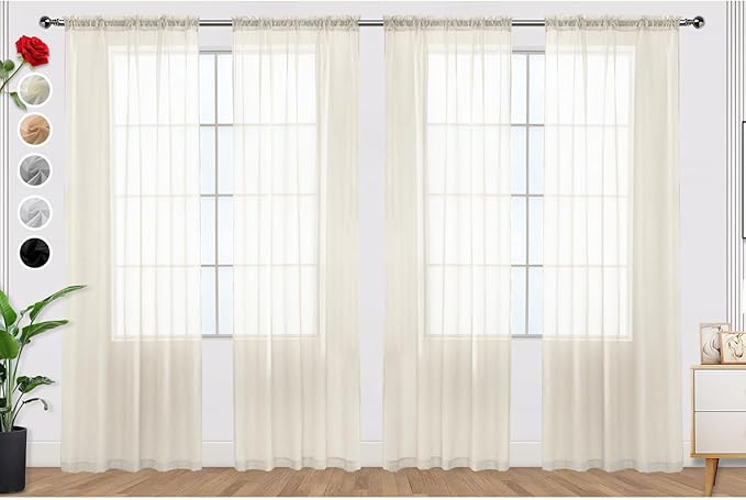 SpaceDresser Ivory Sheer Curtains 4 Panels Rod Pocket Semi-Sheer Curtain 54 Inches Long Light Filtering Voile Window Drapes for Bedroom Living Room Kitchen, Each 52W x54L