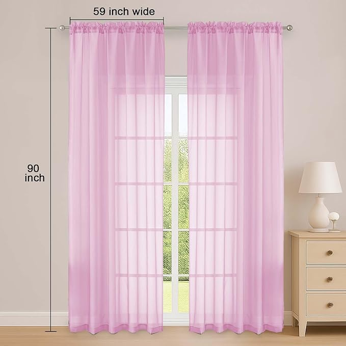OWENIE Pink Sheer Curtain 90 Inches Long 2 Panels Set, Solid Filmy Drapes for Living Room Bedroom, Elegant Window Voile Sheer Curtain Panels Drapes, 2 Pcs, Each 59" Wx90 L Inch