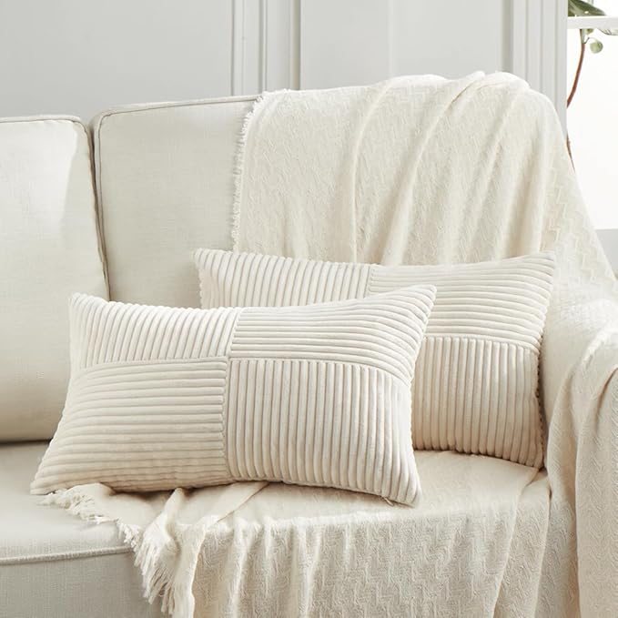 Fancy Homi 2 Packs Cream Lumbar Decorative Throw Pillow Covers 16x28 Inch for Living Room Couch Bed Sofa, Rustic Farmhouse Boho Home Decor, Soft Striped Corduroy Rectangle Accent Cushion Case 40x70 cm