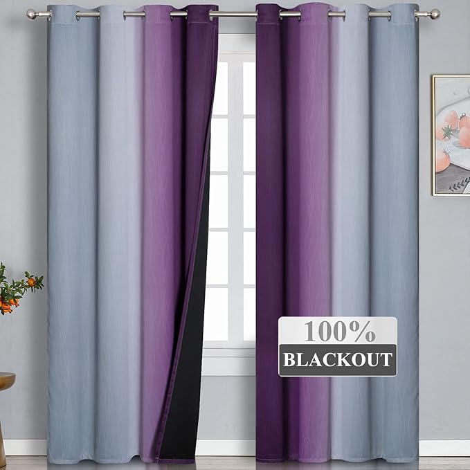 Ombre Purple and Gray Curtains 96 Inches Long, Total Blackout Curtains for Bedroom, Grommet Thermal Insulated Gradient Blackout Drapes, Full Light Blocking Curtains for Kids Room, 52x96 Inch, 2 Panels