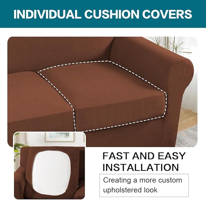 Turquoize 3 Piece Sofa Covers for 2 Cushion Couch Sofa Slipcover Soft Couch Cover for Dogs-Washable Sofa Furniture Covers with 2 Individual Cushion Covers (2 Cushion Sofa, Caramel)