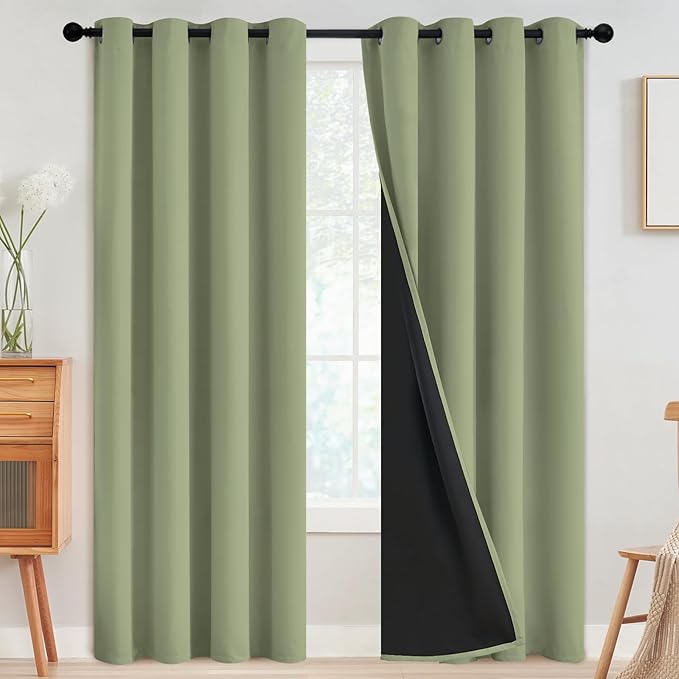 SimpleHome 100% Blackout Curtains for Bedroom,Thermal Insulated Sage Grommet Window Drapes Room Darkening Curtains for Living Room with Black Back,52 x 90 Inch,2 Panels
