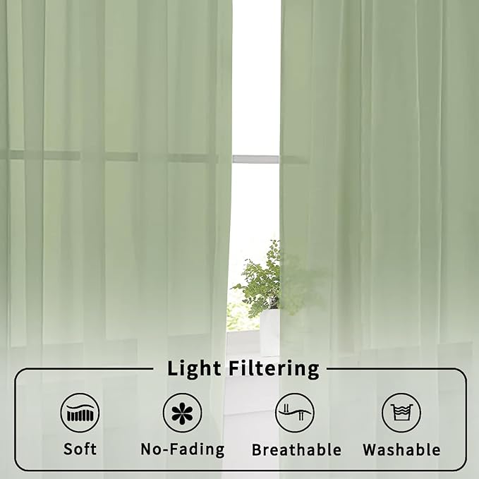 Aiyufeng Sage Green Sheer Curtains 36 inches Long 2 Panels, Green Tiers Short Kitchen Curtains Sheers Solid Half Window Drapes for Bedroom, Rod Pocket, 40" Wx36 L
