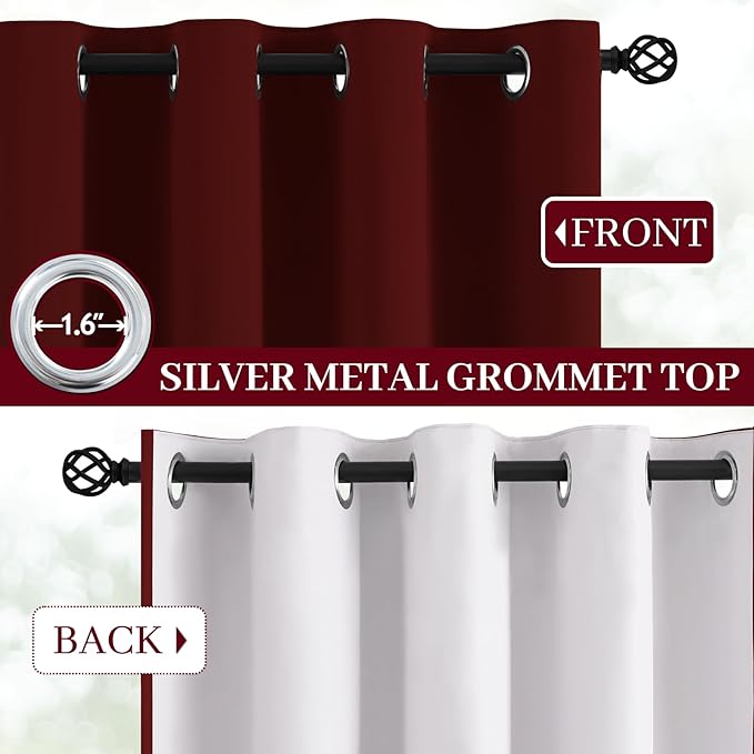 Yakamok Room Darkening 100% Blackout Curtains Grommet Window Treatments with 2 Thick Layers-Burgundy Red Thermal Insulated Drapes Set of 2 Panels for Bedroom Living Room 52 Inches by 63 Inches Length