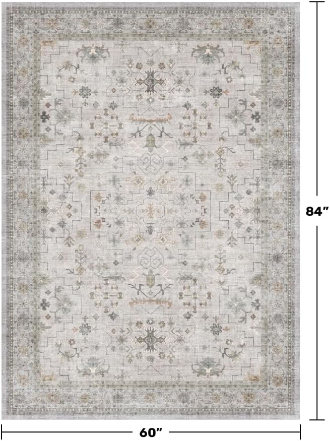Hazo Haus Boho Light Grey 5x7 Living Room Rug - Modern Vintage Eclectic Floral Pastel Neutral Taupe, Washable Low Pile Non-Slip Large Area Rugs for Nursery Dining Under Table Bedroom Lounge